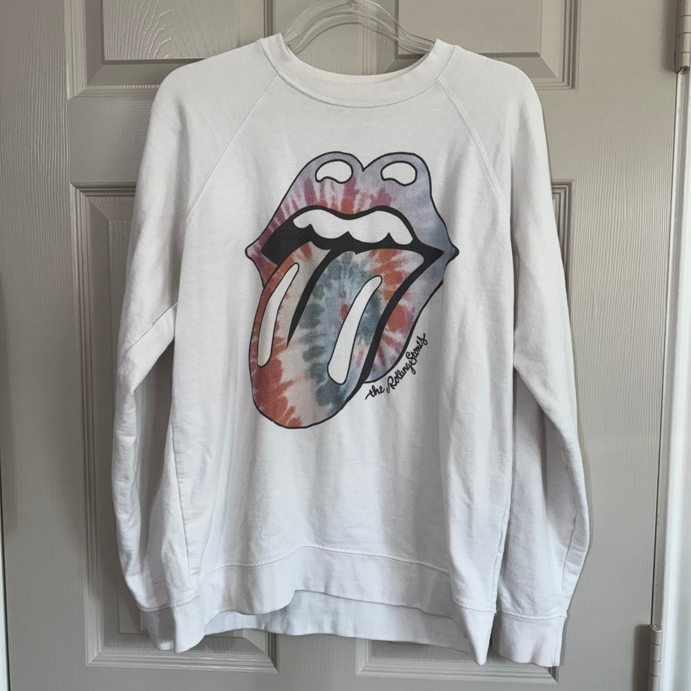 Rolling Stones Graphic Sweatshirt White Tie Dye Tongue Logo Liv Goods Large